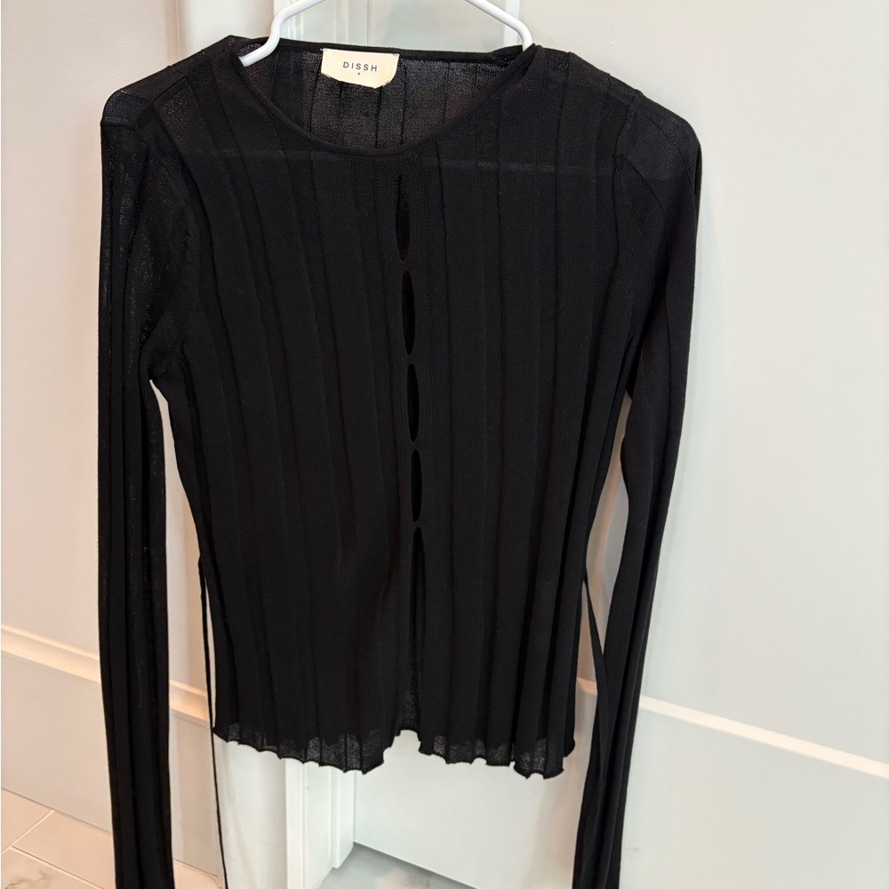 DISSH Black Ribbed Long-Sleeve Top with Front Slit Detail